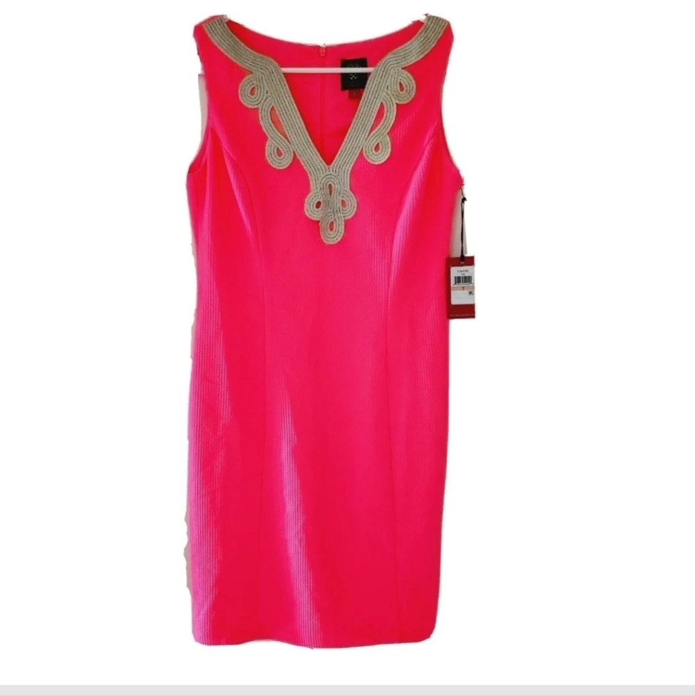 NWT VINCE CAMUTO hot pink, gold sleeveless v-neck dress